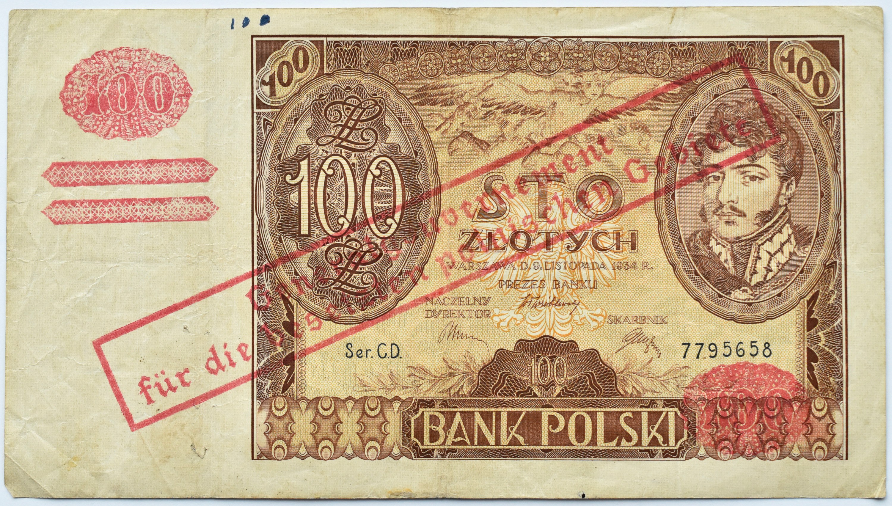 Polska Generalna Gubernia 100 złotych 1934 seria CD fałszywy nadruk