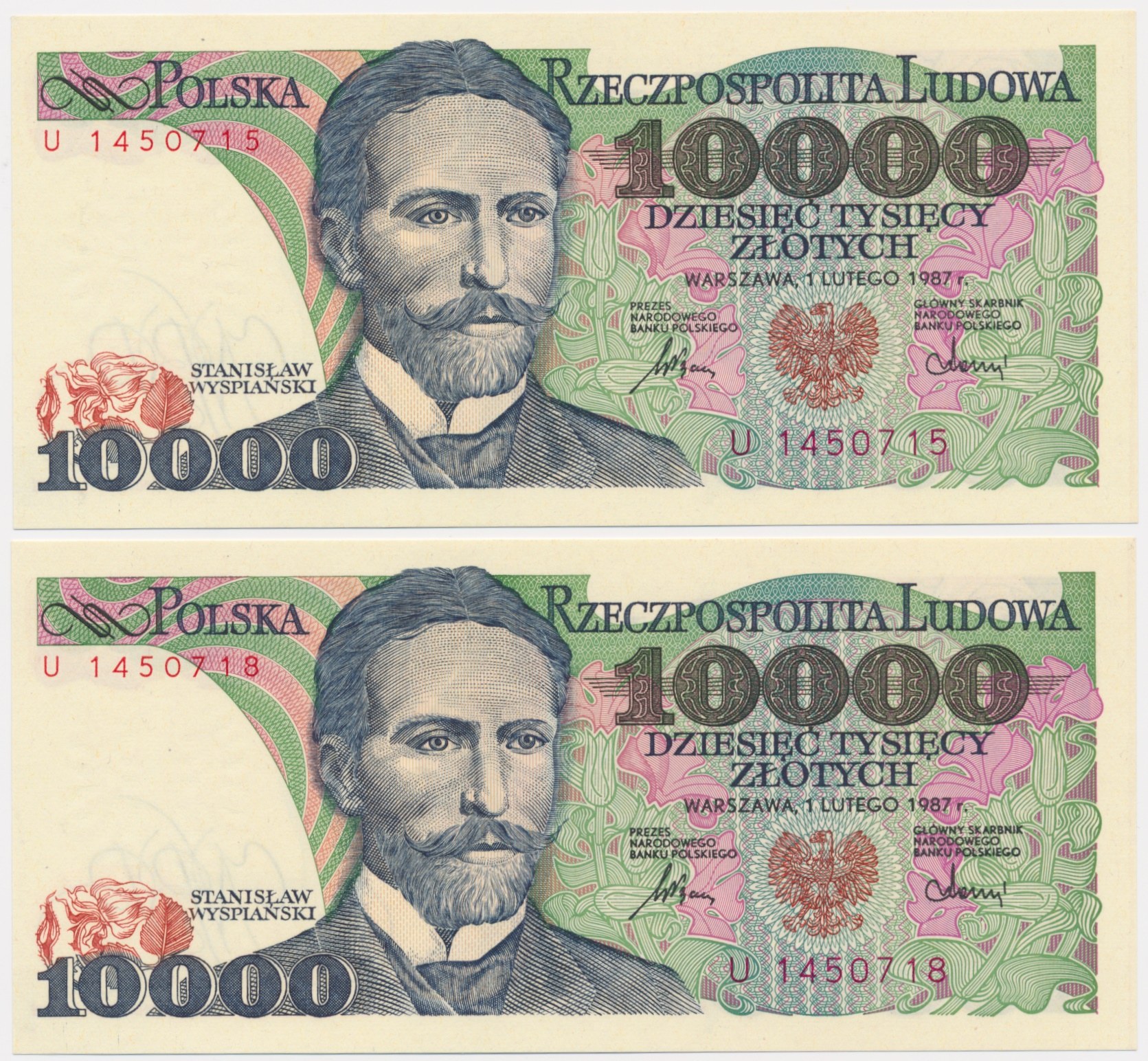 Zestaw banknoty PRL 10 000 złotych 1988 U 2szt Aukcja