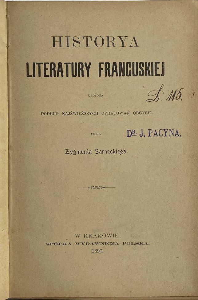 Sarnecki Zygmunt Historia Literatury Francuskiej 1897 Aukcja