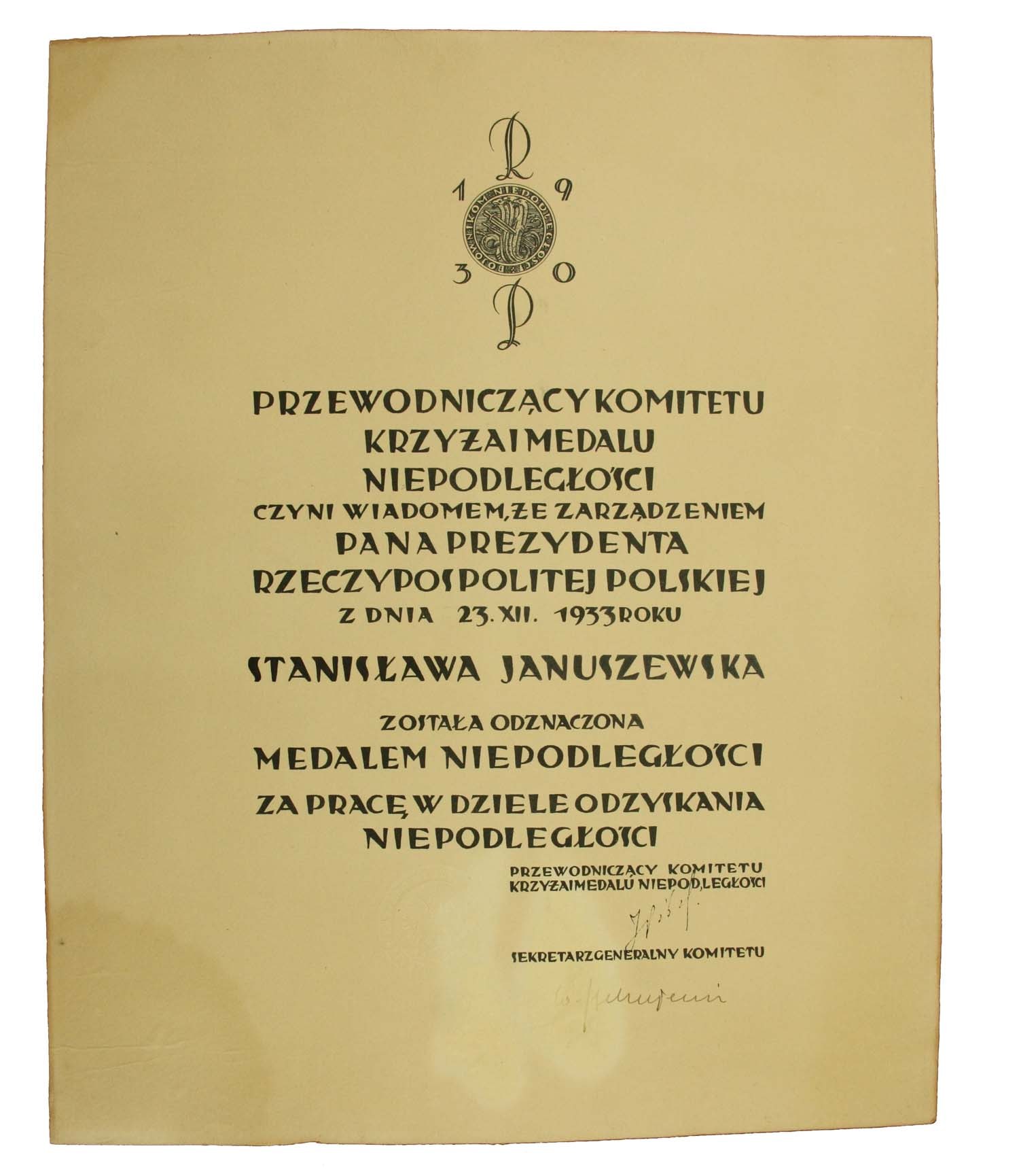 Dyplom nadania Medalu Niepodległości 1933r podpis J Piłsudski Aukcja