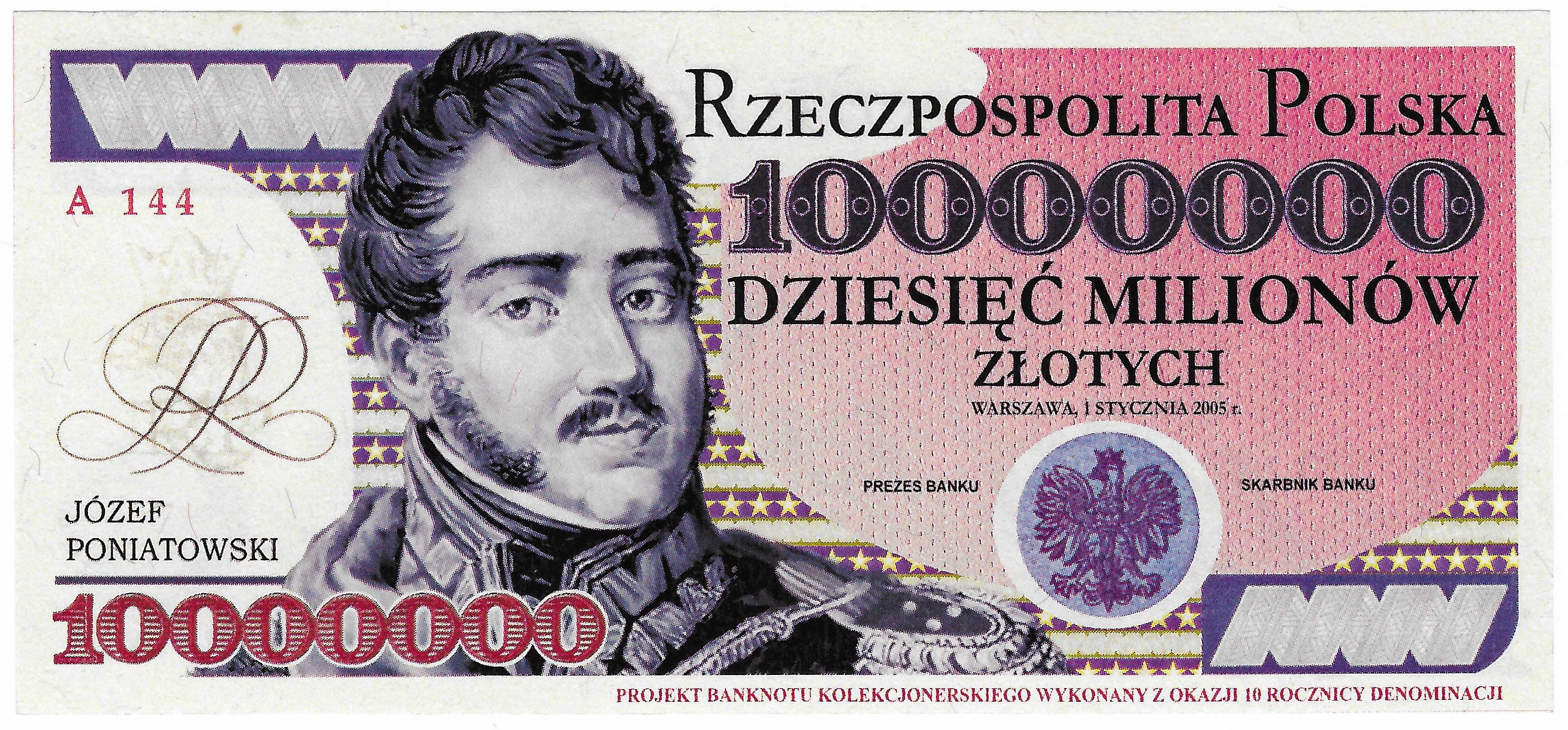 10 milionów złotych 2005 seria A 144 wizualizacja banknotu sprzed