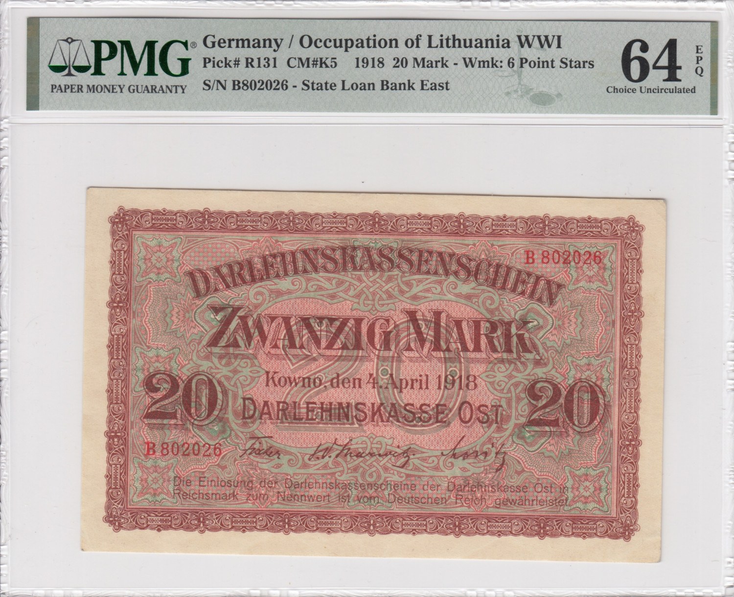 Germany Kowno Lithuania Poland 20 Mark 1918 PMG 64 EPQ Choice