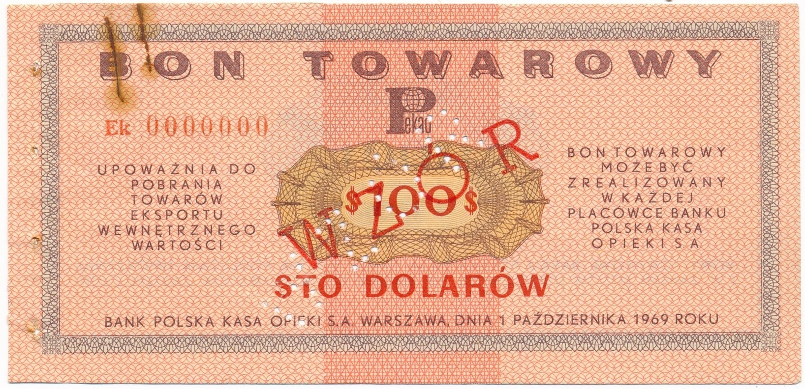 Pewex Bon Towarowy 100 dolarów 1969 WZÓR Ek 0000000 Aukcja