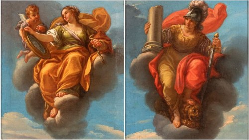 a) Alegoria Roztropności; b) Alegoria Męstwa. Para obrazów, Giuseppe Bartolomeo Chiari