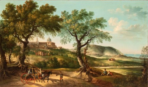 Widok Loreto z Monte Conero w tle, powóz, pielgrzymi i podróżni, Paolo Anesi