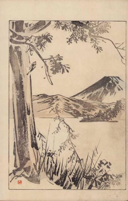 Sosna nad wodą i góra Fuji - drzeworyt z cyklu Dwanaście widoków Góry Fudżi, XIX w., Utagawa Toyohiro