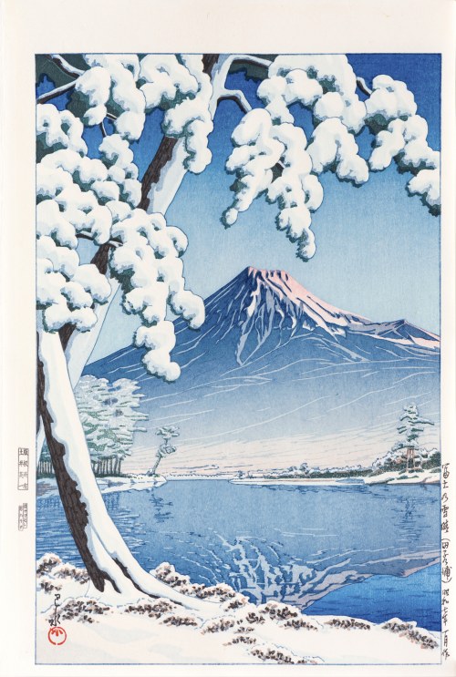 Rozpogodzenie po opadach śniegu nad górą Fuji, plaża Tagonoura, wyd. Doi Eiichi, Japonia, okres Heisei, po 1989 r., Kawase Hasui