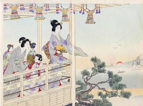 Piękności na tarasie obserwujące zatokę i pancernik, wyd. Japonia, 1903 r., Watanabe Nobukazu