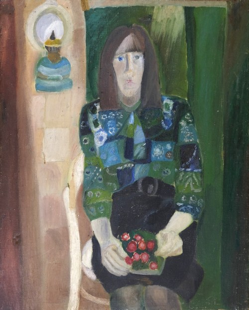 Portret kobiety z lampą naftową, ok. 1970, Elżbieta Chachaj
