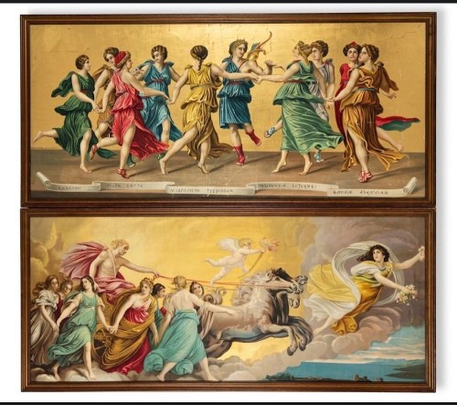 1575–1642) i Baldassare Peruzzi (Włoch, 1481–1536), „Aurora” i „Apollo z dziewięcioma muzami”, 150 x 60 cm, Po Guido Reni