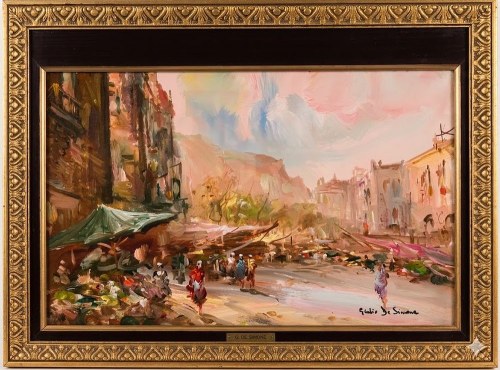 Scena z targu w włoskim mieście, olej na desce, połowa XX wieku, 60 x 50 cm, Giulio De Simone
