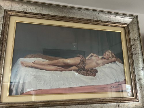 obraz przedstawiający „Leżącą kobietę nago”, olej na płótnie, połowa XX wieku, 50 x 30 cm, Silvio Brunetto