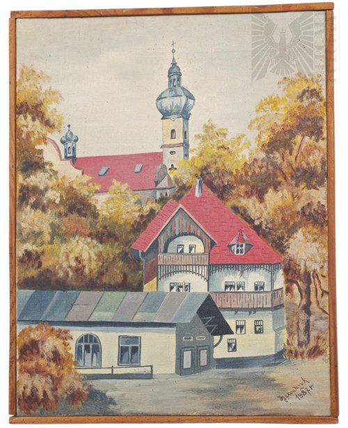 Widok na Kościół 1987 (Polanica Zdrój?), E.Jakowczuk - Prl - Obraz Olejny Na Płótnie