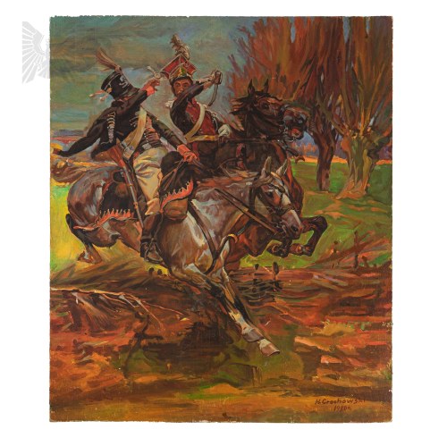 na podstawie Wojciecha Kossaka: Potyczka Szwoleżera Gwardii z Pruskim Huzarem, Akryl na Desce (Napoleon, Szwoleżerowie Gwardii Cesarskiej, 1 Pułk Leibhuzarów Prusy, Wojny Napoleońskie), H. Grochowski