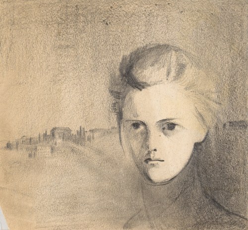 Głowa kobiety (autoportret?) na tle pejzażu, Emilia Knausówna
