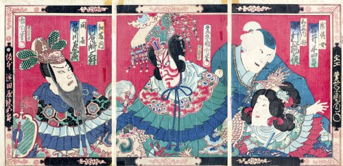 Aktorzy teatru kabuki - Bitwa pod Coxingą, wyd. Gusokuya Kahei, Tokio/Japonia, ok. 1870 r., Toyohara Kunichika