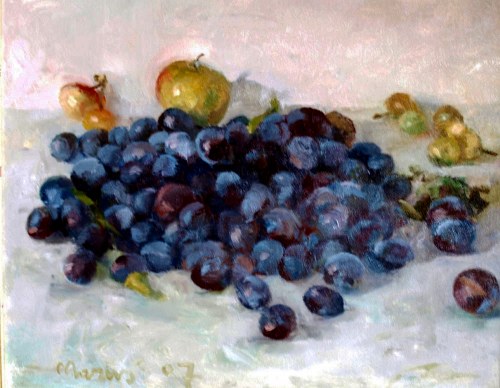 Węgierki - martwa natura ze śliwkami i jabłkami, 2007, Stanisław Mazuś