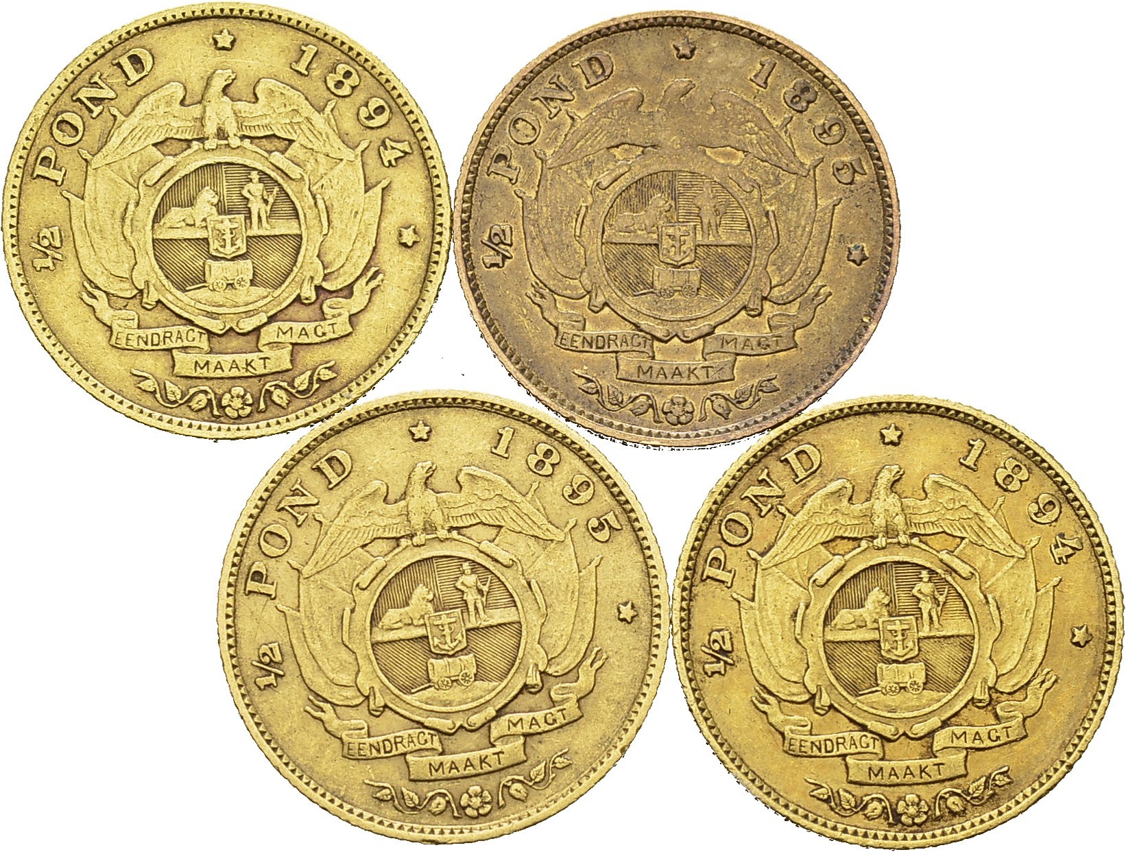 Paul Kruger, 18831900. Lot of 4 coins ½ Pond 1894 (2), 1895 (2