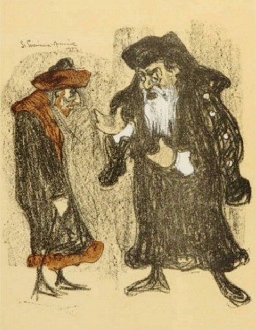 Józef Kotarbiński jako Shylock i Stanisław Bronicz jako Tubał w sztuce Szekspira „Kupiec Wenecki”” - z „Teki Melpomeny”, Stanisław Szreniawa-Rzecki