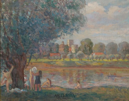 Pejzaż z Krasiczyna z kąpiącymi się I, Leonard Pękalski