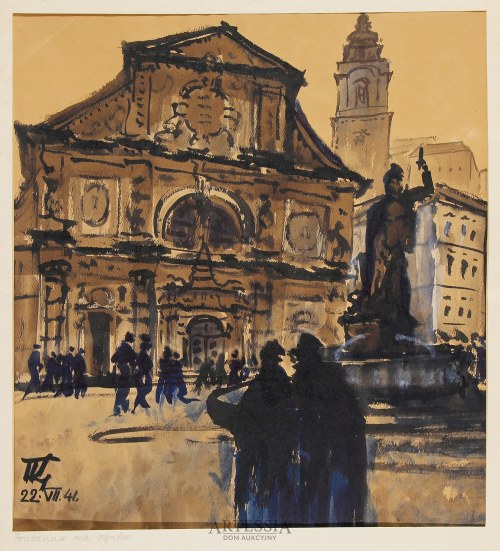 Pejzaż miejski z kościołem, 1941, Tomasz Kornacki