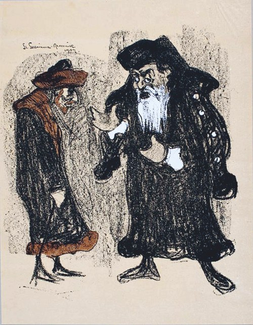 Józef Kotarbiński jako Shylock i Stanisław Bronicz jako Tubał w sztuce Szekspira „Kupiec Wenecki”; z „Teki Melpomeny. Autolitografie (Karykatury artystów w rolach)”, Kraków 1904, Stanisław Szreniawa-Rzecki