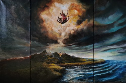 Strącenie siedmiogłowej bestii, tryptyk, 2017, Michał Lisowski