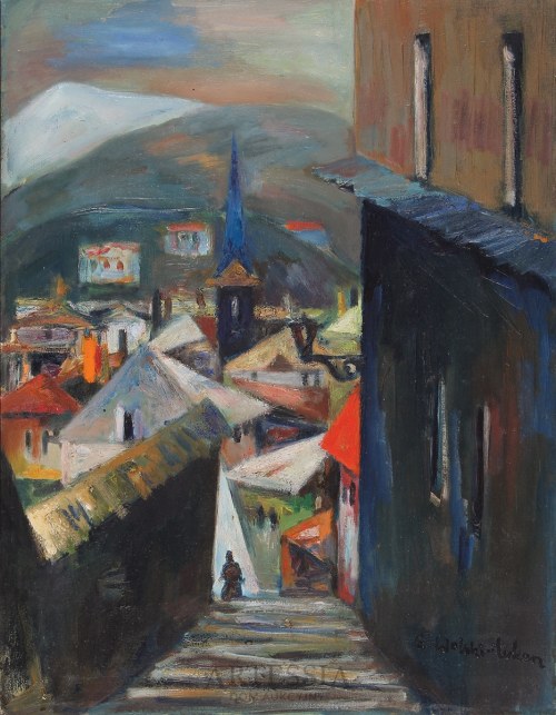 Widok miasta z wieżą kościoła, 1959, Eugeniusz Tukan-Wolski