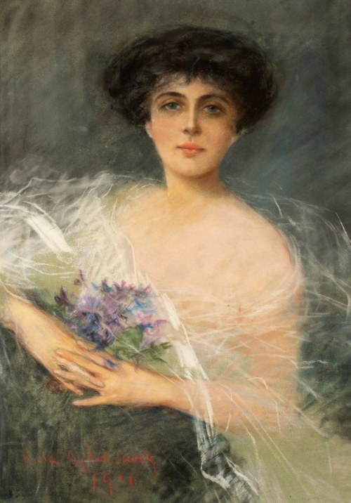 Portret kobiety z bukietem fiołków, 1916, Julian Ajdukiewicz