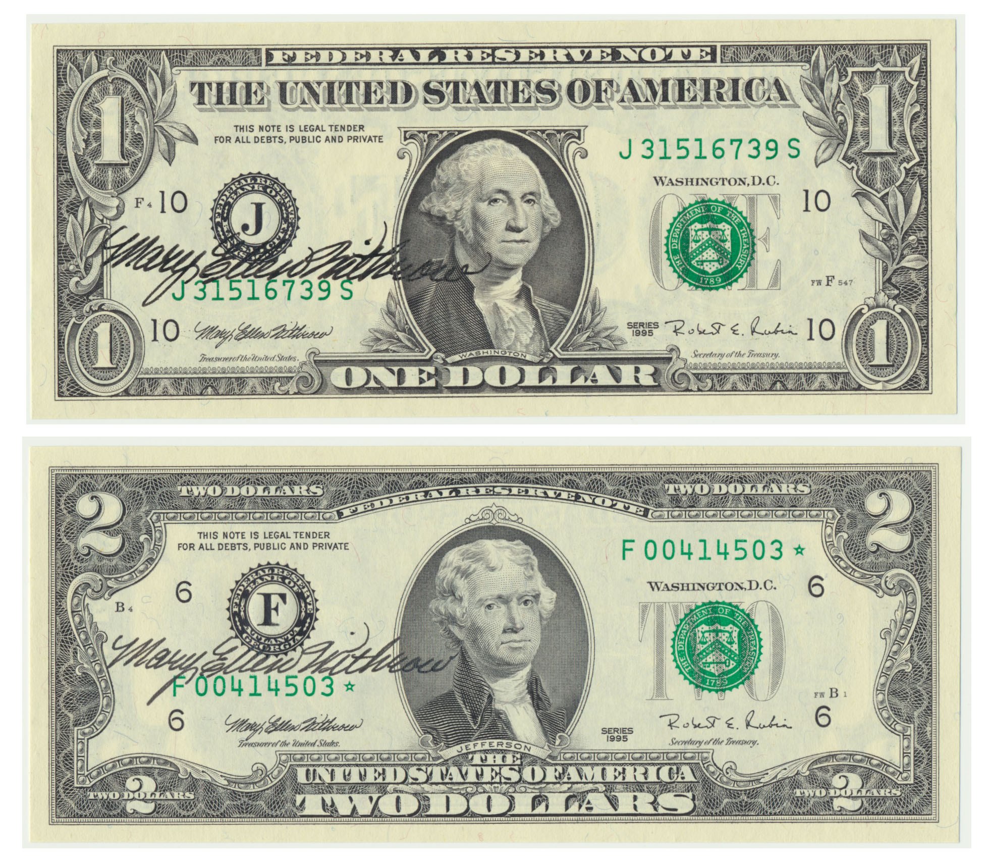 Usa, $1 And $2 Dollars 1995 With Treasurer Signatures - Online Auction 