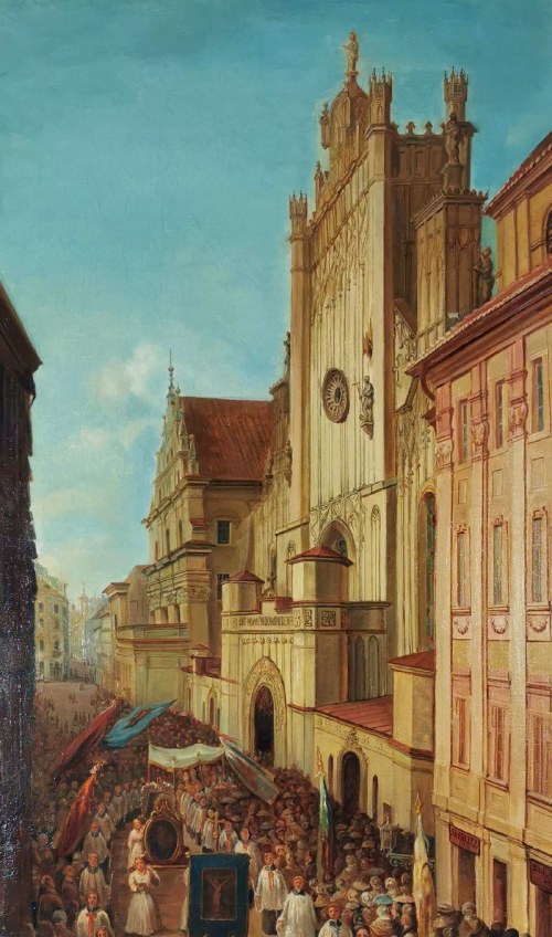 Procesja - Przed katedrą św. Jana w Warszawie [Ulica Świętojańska podczas procesji Bożego Ciała], 1861, Jan Seydlitz
