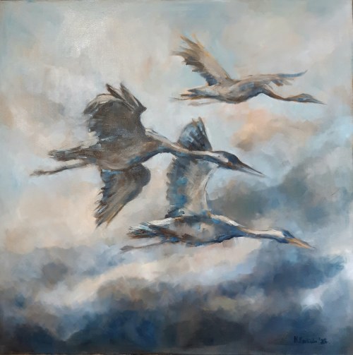 Lecą żurawie, 2020r., olej na płótnie, 100x100cm, sygn.p.d i na odwrociu, Michalina Derlicka