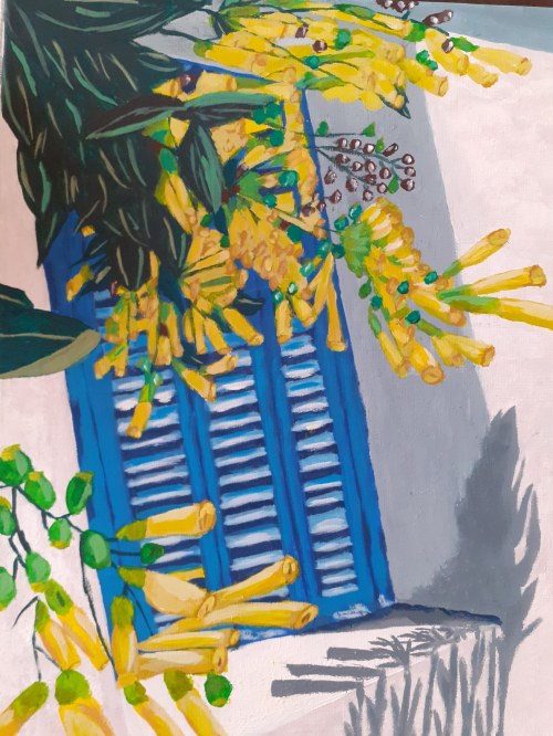 Niebieskie greckie okno, 2020r., akryl na płótnie, 40x30cm, sygn.l.d Van Brussel 2020, Anna Van Brussel