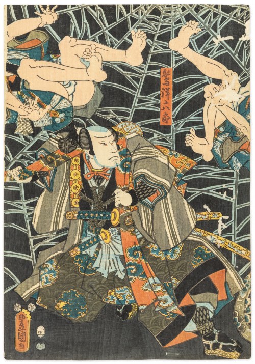 Samuraje w walce z pająkiem, 1853, Utagawa Kunisada II