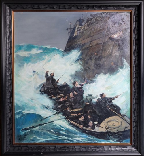 malował: F. Sass, Opuszczanie tonącego okrętu, 1934, Według - Albert Pierre Dawant