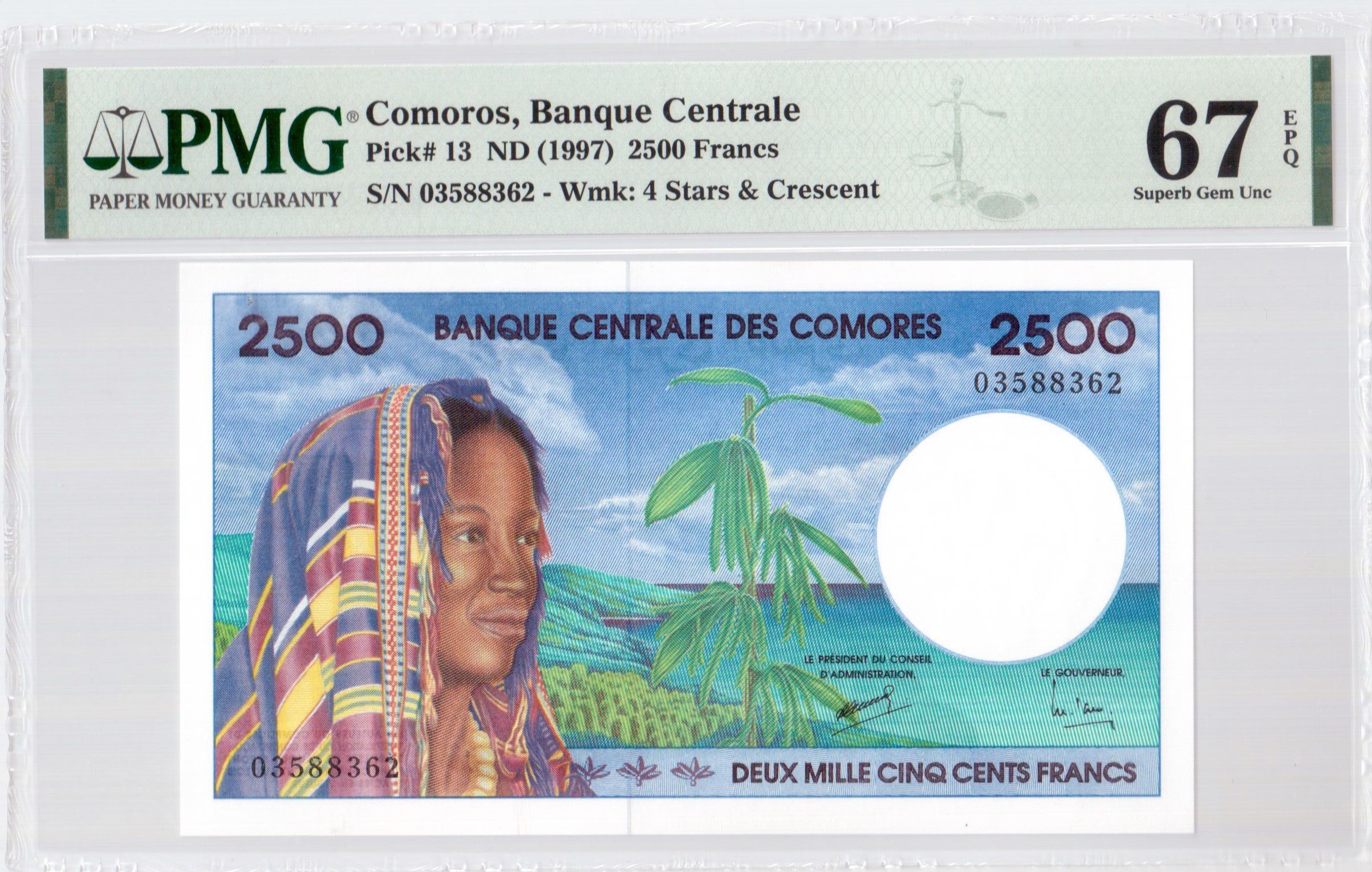 World Banknote Grading COMOROS 2500 Francs【1997】『PMG