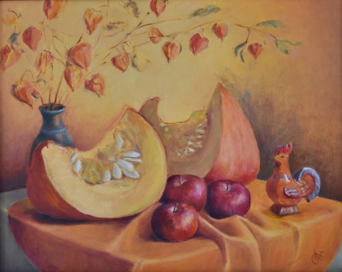 „Martwa natura z dynią i kogutami”, 2015, Hanna Romańska-Tusiewicz
