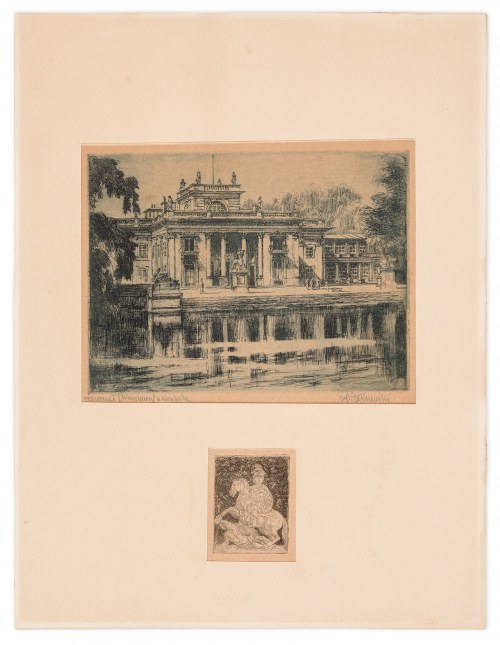 Dwie grafiki, autorsko współoprawne: 1. Łazienki (Warszawa) Akwaforta; wym.: 176 x 235 mm; sygn. oł. p.d.: Wł.Zakrzewski. Praca z teki „Warszawa". Lekkie zakwaszenie papieru. 2. Pomnik Jana III Sobieskiego Akwaforta; wy, Władysław Zakrzewski
