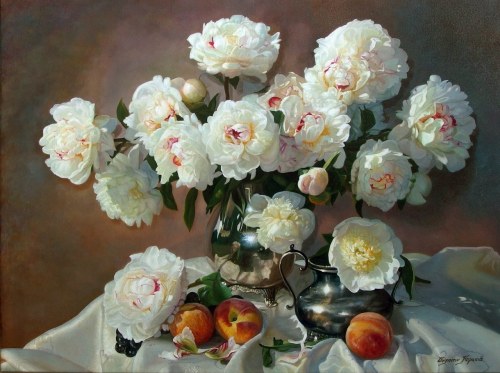 Martwa natura z peoniami i brzoskwiniami, 2018, Zbigniew Kopania