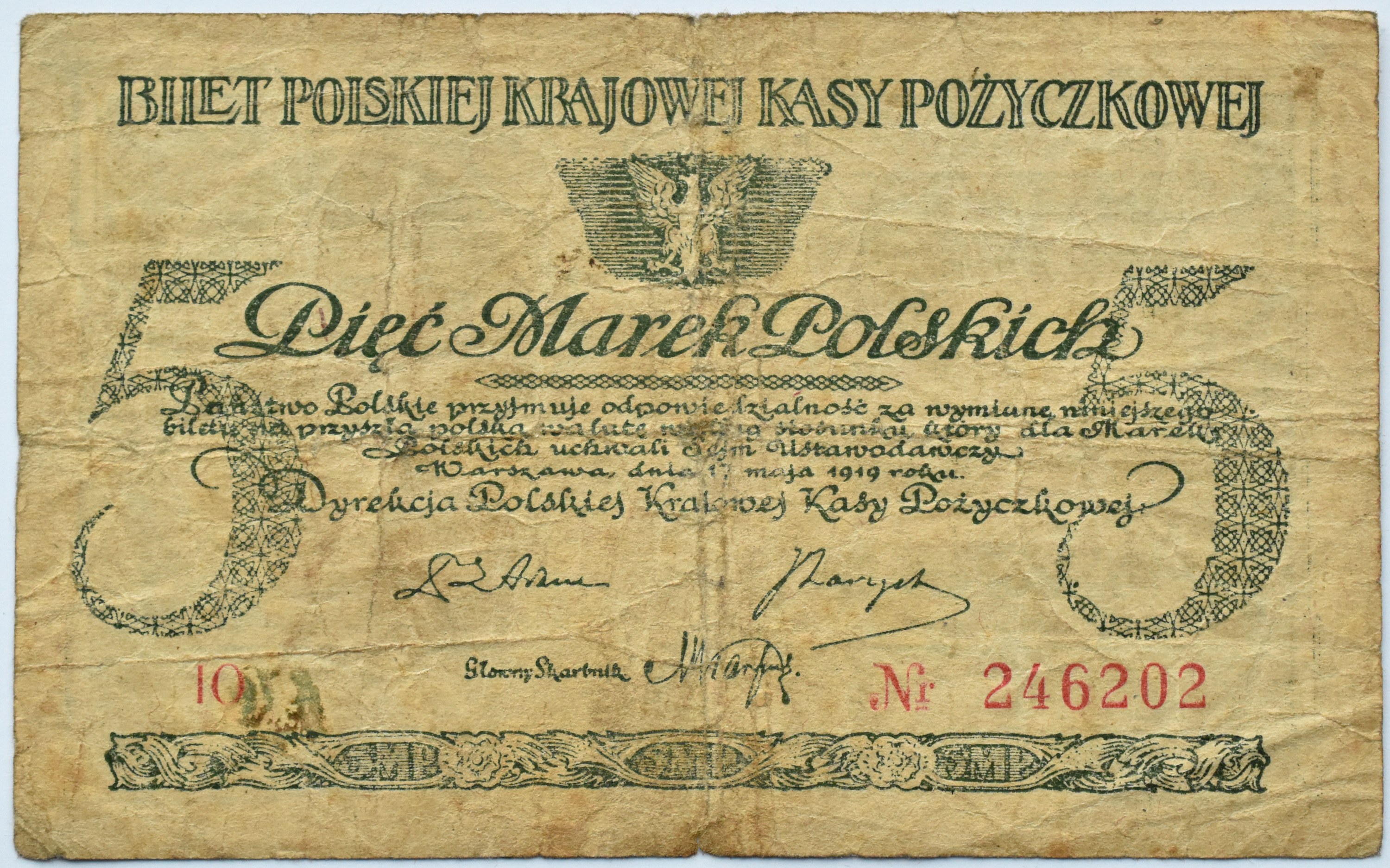 Polska, II RP, B. Głowacki, 5 Marek 1919, Seria IO, Warszawa - Aukcja ...