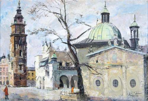 Widok krakowskiego rynku z kościołem św. Wojciecha, 1978, Franciszek Kmita
