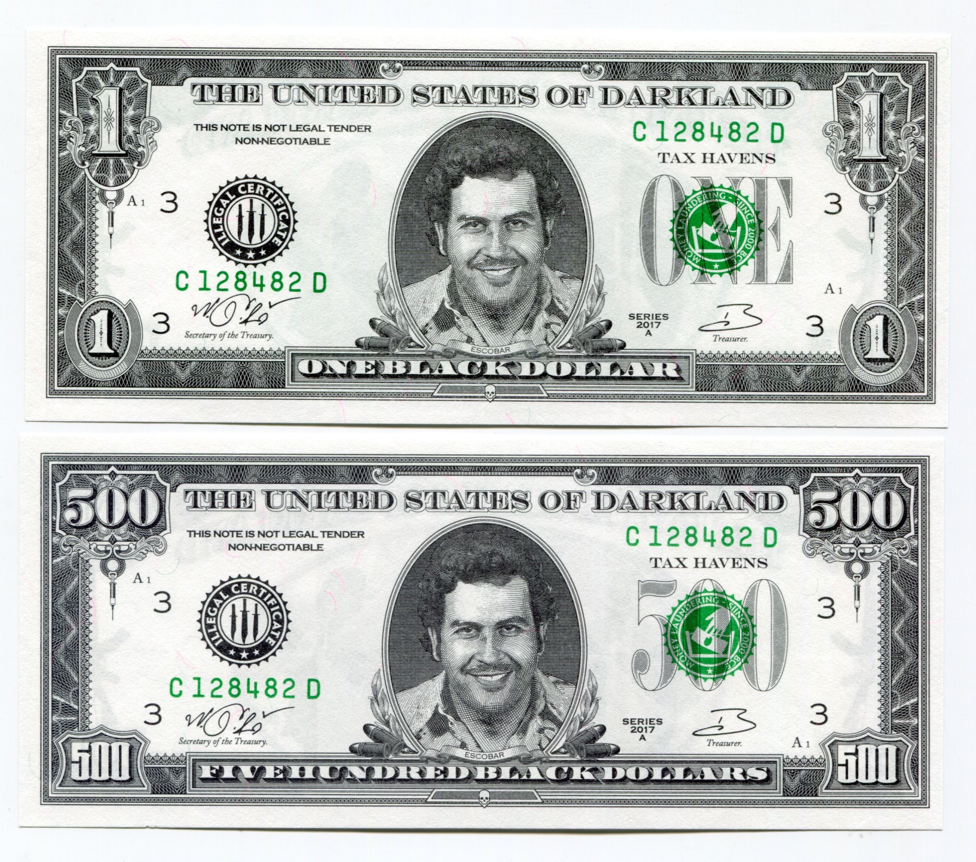 United States of Darkland 1 & 500 Dollars 2017 Specimen Pablo Escobar  Same S/N - Online auction / Online bidding - Price - OneBid