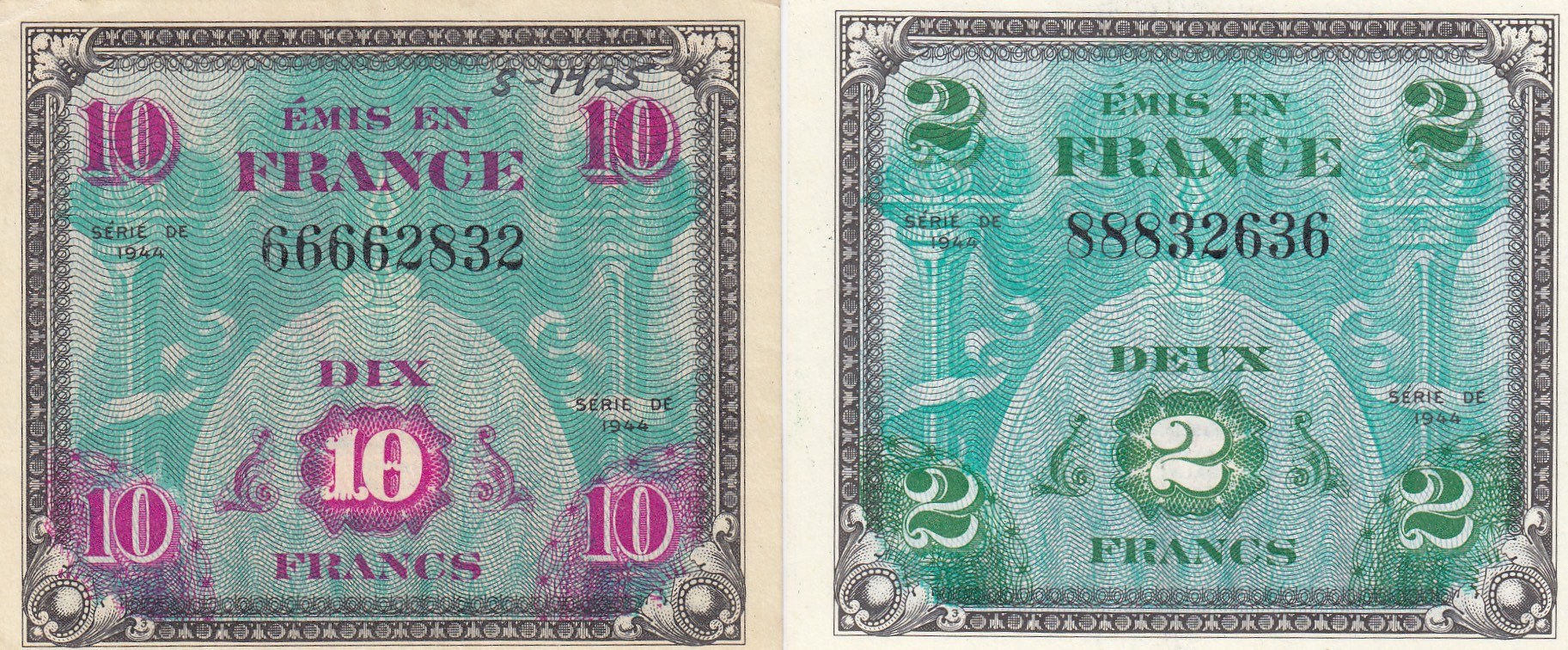 未使用 1944年 フランス 軍票 France 2 フラン francs 紙幣 未使用 1944年 フランス 軍票 France 2 フラン francs 紙幣