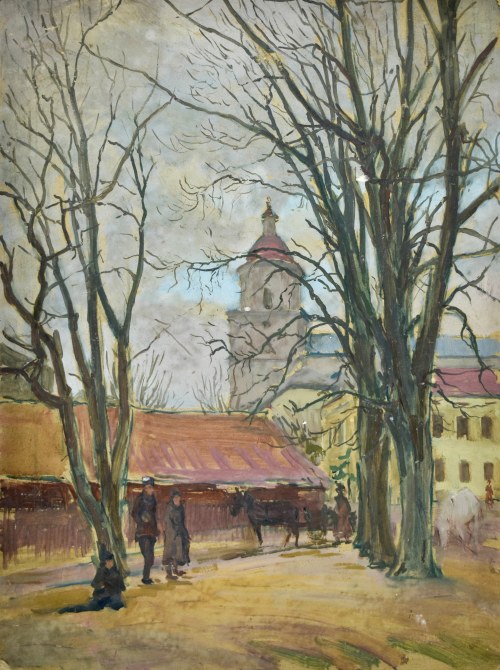 Pejzaż miejski z kościołe w dali, Józef Pieniążek