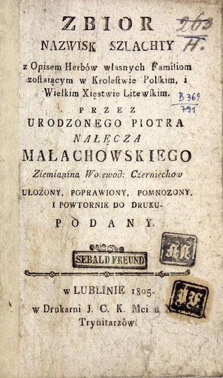 P. MAŁACHOWSKI - Zbior Nazwisk Szlachty Z Opisem Herbów. 1805. - Aukcja ...