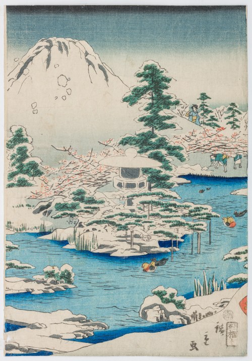 Książę Genji oglądający górę Fuji w śniegu, 1859, Utagawa Hiroshige II