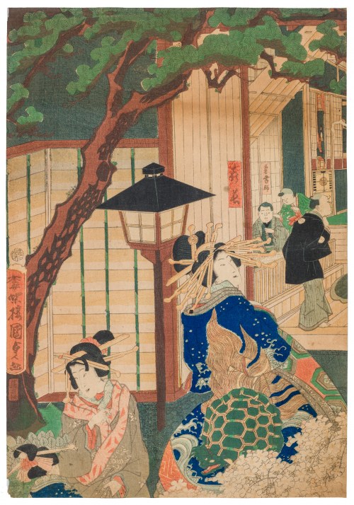 Scena nocna w Yoshiwara, słynnej dzielnicy czerwonych latarni w Edo (Tokio), poł. XIX w., Utagawa Kunisada