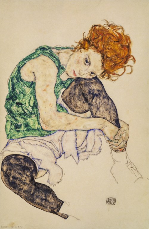 Seated Women with knee raised, 1917/2021, Egon Schiele