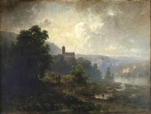 Krajobraz z sylwetą kościoła, 1869, Władysław Malecki