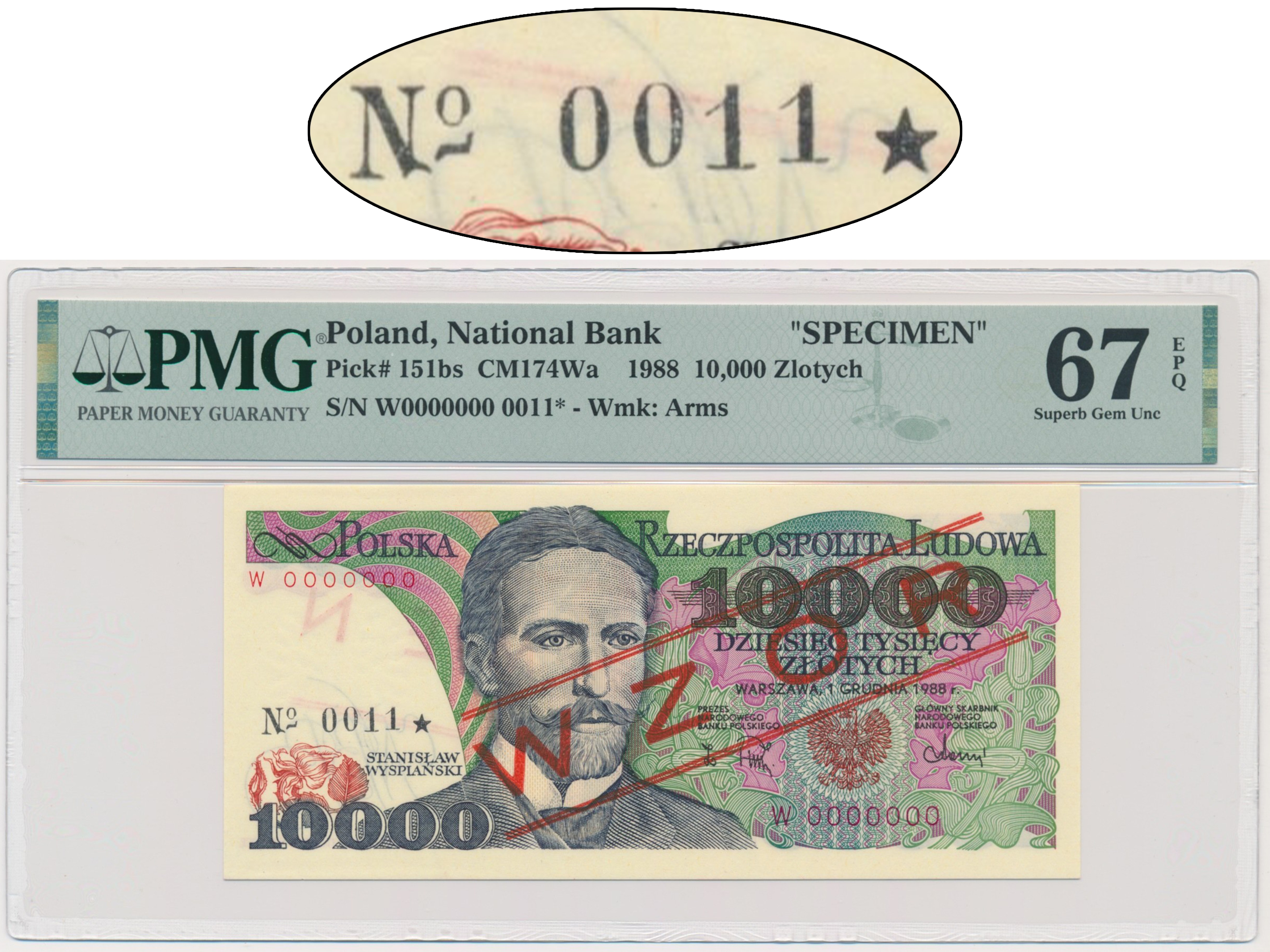 10.000 złotych 1988 - WZÓR - W 0000000 - No. 0011 - PMG 67 EPQ - RZADKI ...
